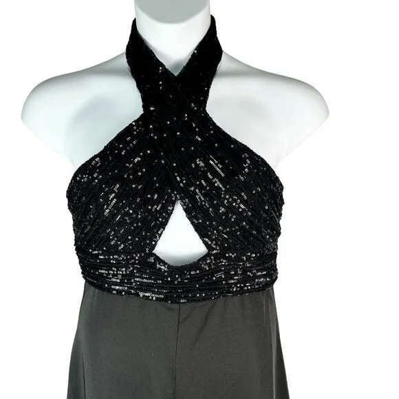 Mac Duggal Sequin Bodice Halter Wide Leg Formal Jumpsuit Open Back Size 6 NWT